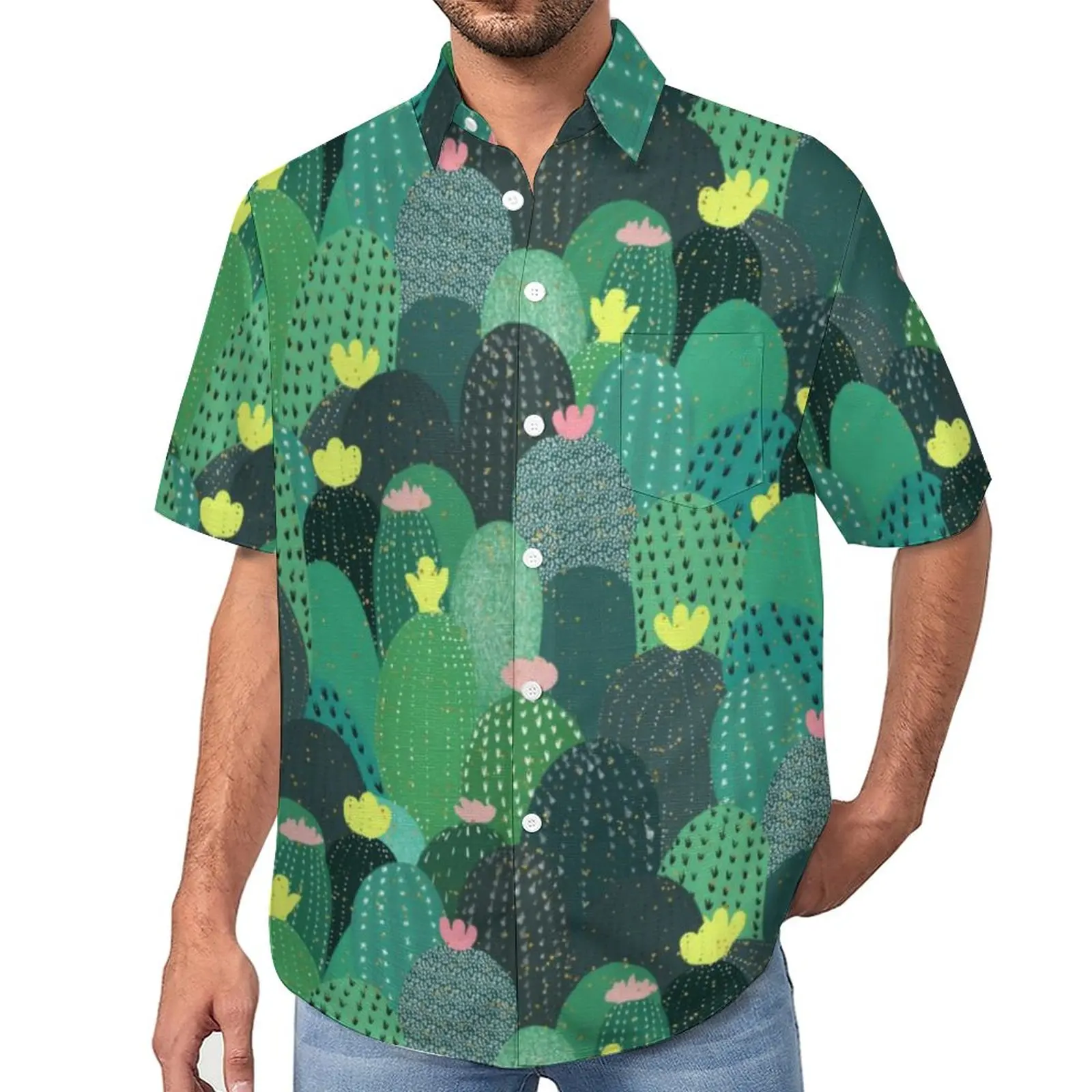

Tropical Print Casual Shirt Green Teal Cactus Beach Loose Shirt Summer Novelty Blouses Short Sleeve Custom Oversize Top