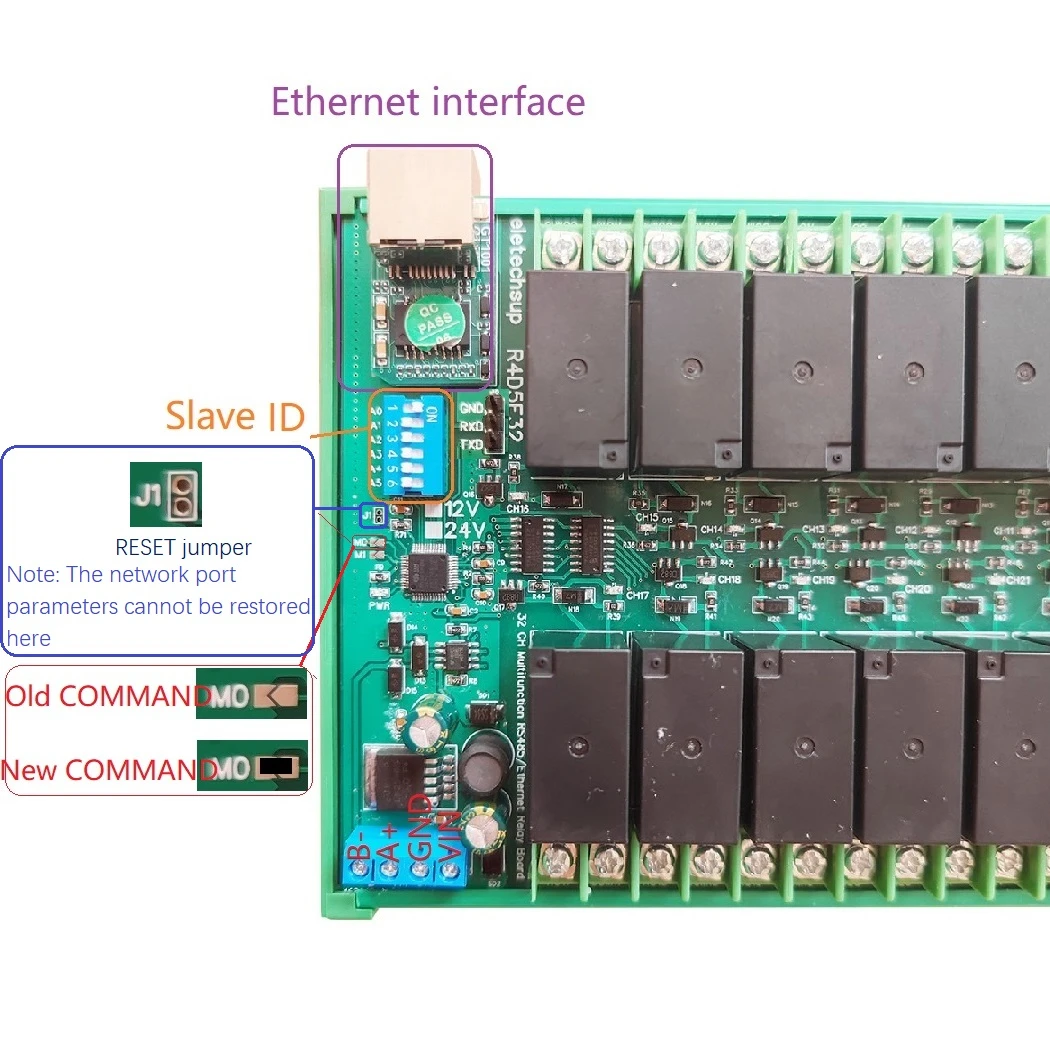 

DC 12V/24V 20A 32 Channels RS485/Ethernet Modbus Slave Relay Board High Current RJ45 Network Port TCP/IP Modbus RTU Relay Module