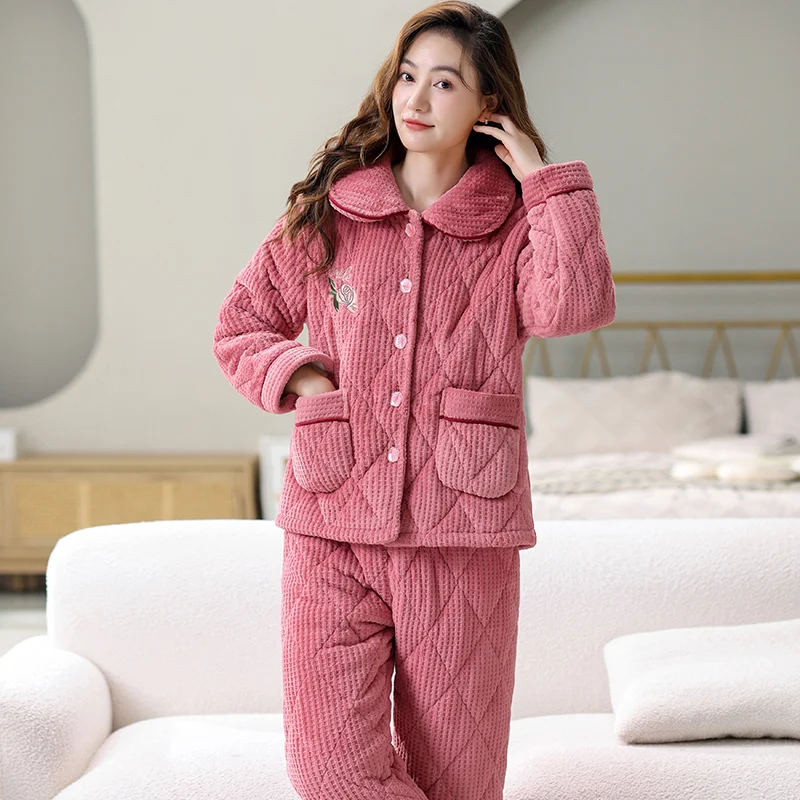 Зимние толстые стеганые Женские Дизайнерские комплекты для сна топы и низ