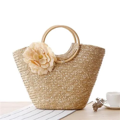 Casual Flower Rattan Large Capacity Tote Round Handle Wicker Woven Women Handbags Summer Beach Big Straw Bags Bali Travel Purse