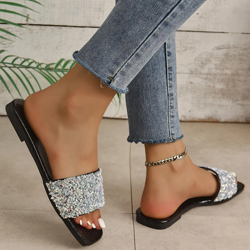 Women Minimalist Sequins Single Band Slide Sandal Fashion Outdoor 2023 Summer Slippers Beach Open Toe Sandals Woman Flat Shoes