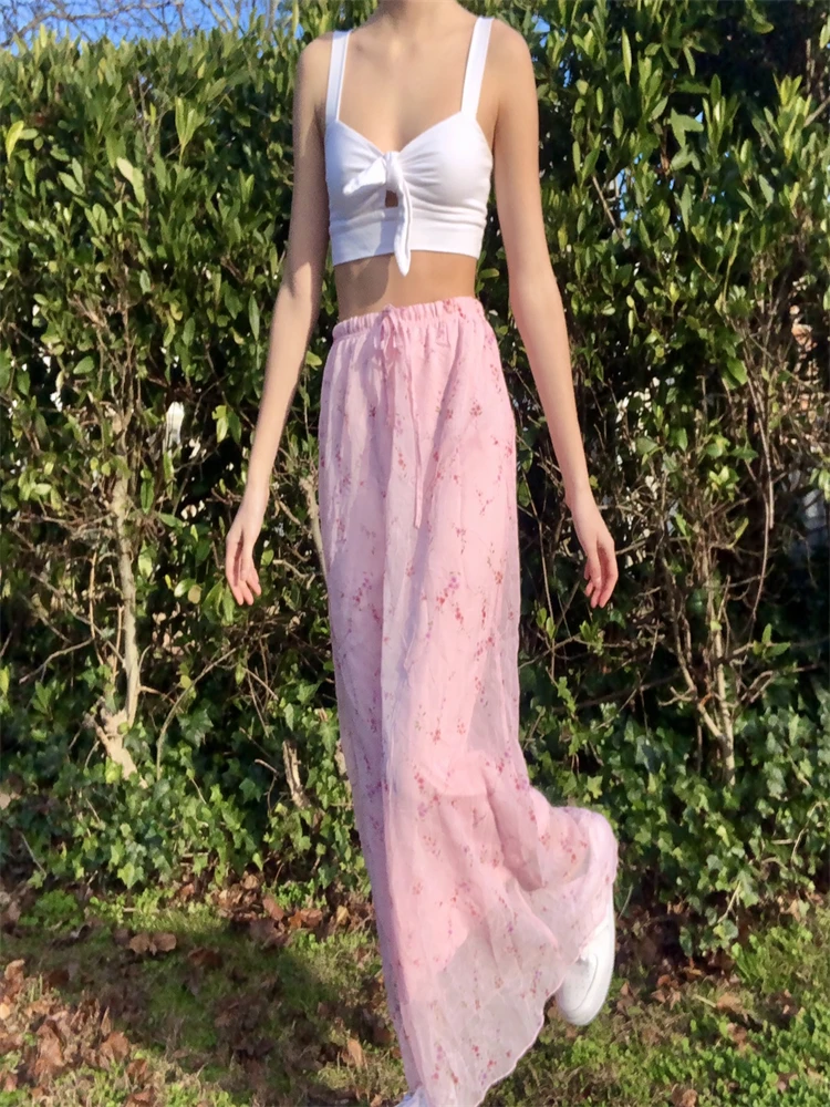 

Women Y2K Aesthetic Floral Print Midi Skirt High Waist Elastic Drawstring Double-Layered Ankle-Length Skirt Kawaii Streetwear