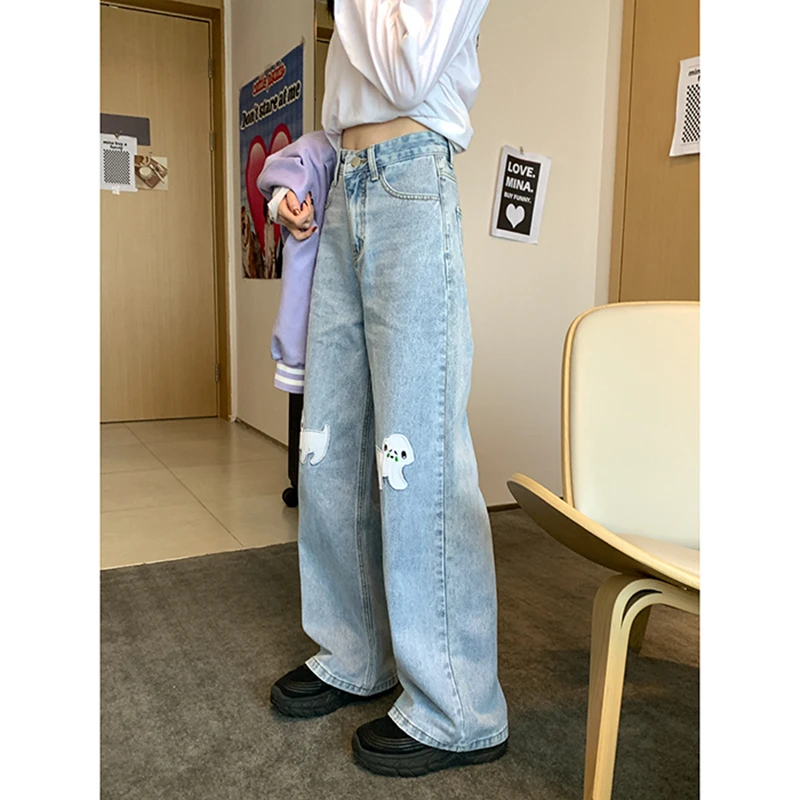 Vintage Baggy Blue Women Jeans Straight Loose High Waist Trousers Cartoon Print Casual Korean Fashion Girl Denim Wide Leg Pants