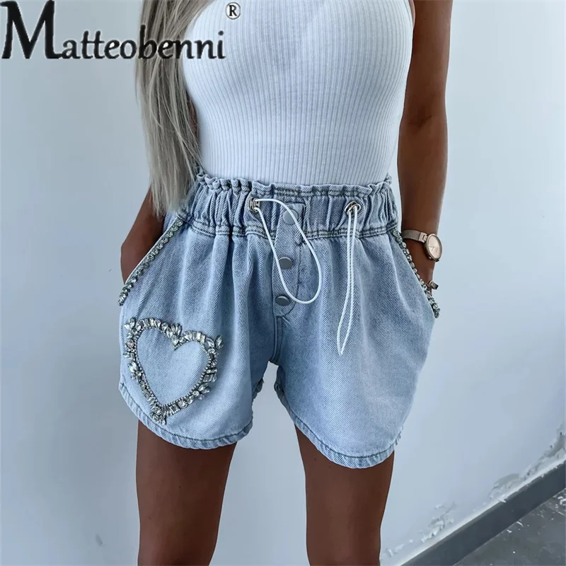 Fashion Splicing Diamond Decorative Denim Shorts Female Daily Casual Loose Waist Drawstring Three Quarter Pants Women's Jeans 23