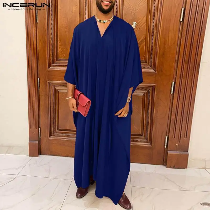 

Мужской мусульманский Jubba Thobe INCERUN, однотонный, с V-образным вырезом, свободный рукав до локтя, кафтан, исламский, Арабский кафтан, Мужской винтажный кафтан, 2023