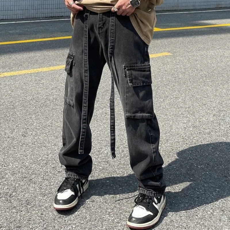 DEEPTOWN Retro Straight Jeans Men Ribbons Streetwear Hip Hop Black Denim Pants Fashion Loose Casual Distressed Trousers Autumn