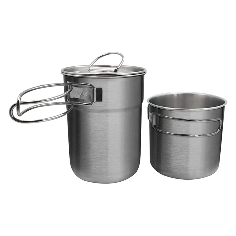 

ELOS-2Pcs Foldable Camping Cups And Mugs Pot 304 Stainless Steel Outdoor-Cookware-Set With Vented Lid,Camping Kettle