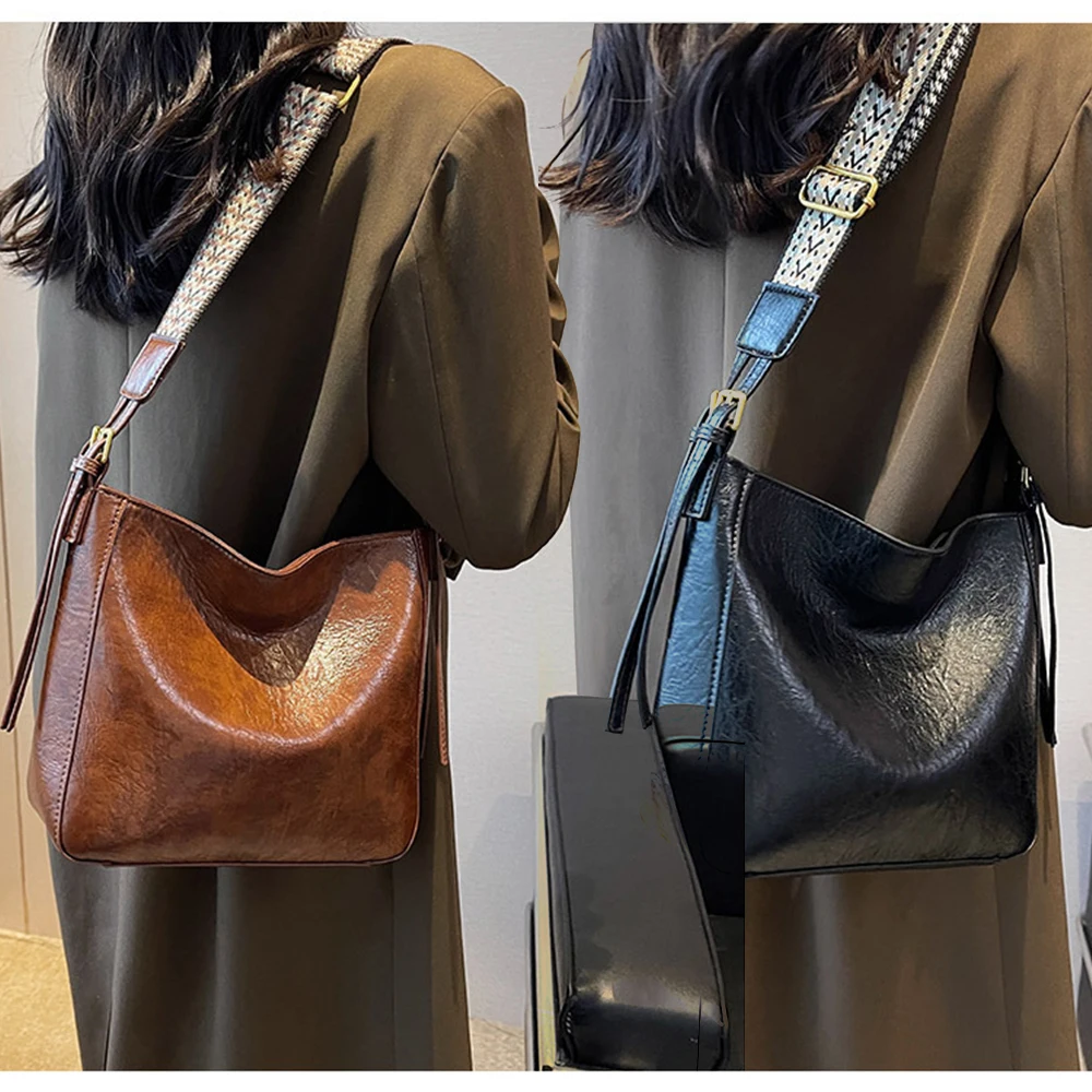 New Vintage Shoulder Bag For Women PU Leather Bucket Luxury Designer Retro Shopping Tote Bag large-capacity Casual Crossbody Bag