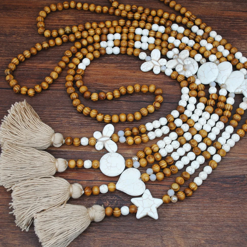 

Bohemian Handmade Beads Star Heart Linen Pendant Cotton Tassel Long Wood Necklace for Women Men Exotic National Chain Jewelry