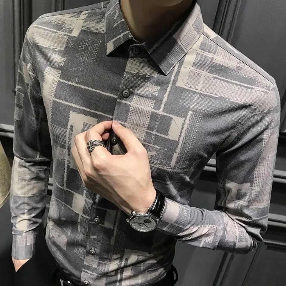 New personality flower shirt men's Korean fashion autumn long sleeve plaid shirt casual handsome slim jacket