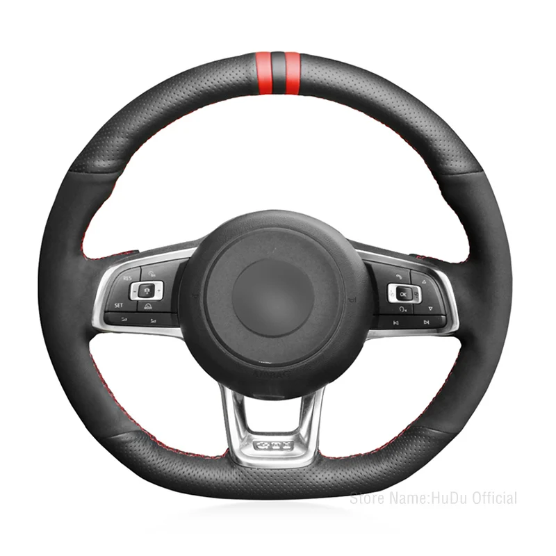 

Car Steering Wheel Cover For Volkswagen Golf 7 GTI Golf R MK7 VW Polo GTI Scirocco 2015 2016 DIY Black Leather Suede Red Mark