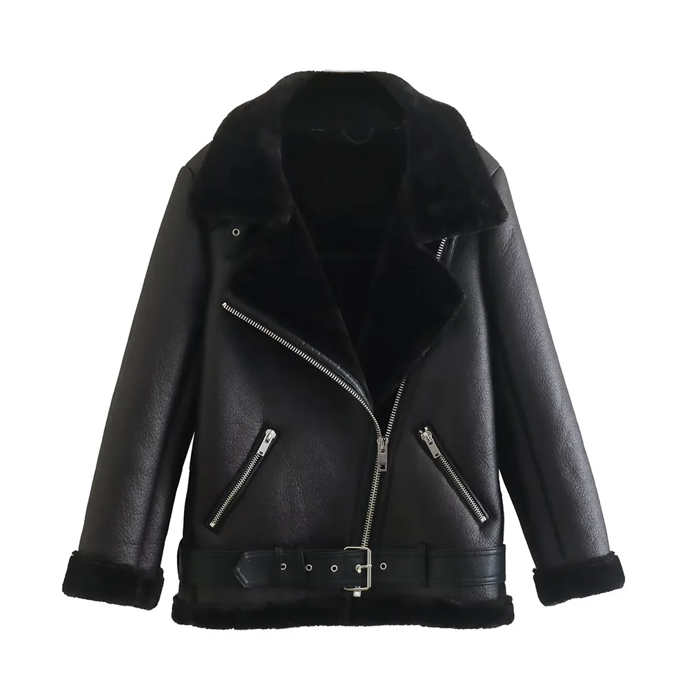 PB&ZA 2022 Winter Coats Women Warm Thick Faux Leather Fur Coat Female PU Jacket Black Zipper Aviator Jackets femm Outwear2969241