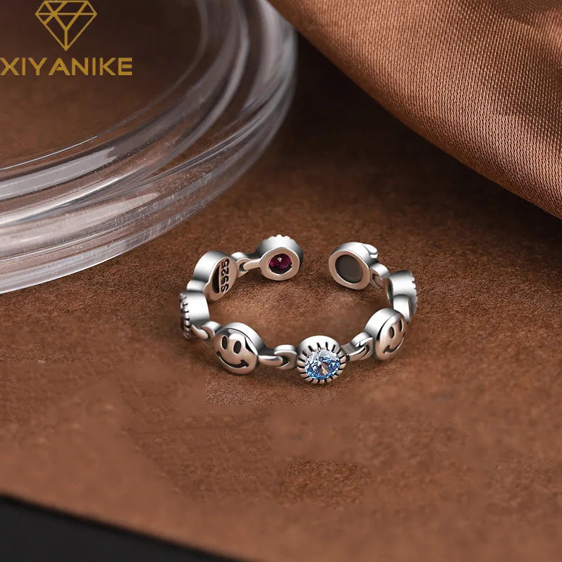 

XIYANIKE Vintage Thai Silver Smile Face Cuff Rings For Women Girl Colorful Zircon Fashion Jewelry Gift Party кольцо женское