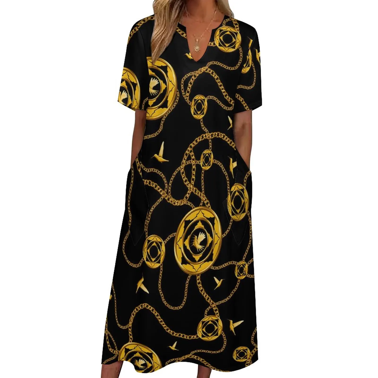 

Chain Print Dress Golden Design Elegant Maxi Dress Street Style Casual Long Dresses Female V Neck Graphic Oversized Clothes