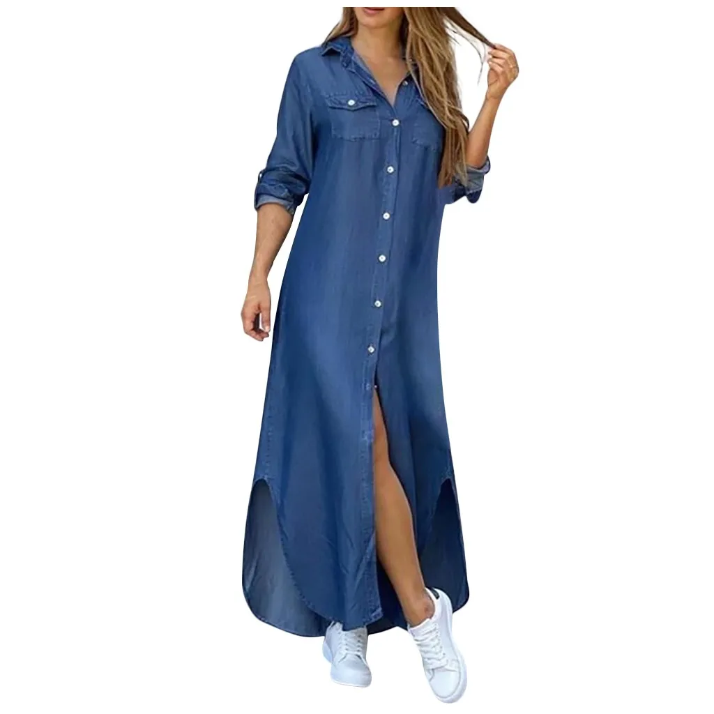 Женское длинное джинсовое платье-рубашка повседневное свободное на пуговицах с