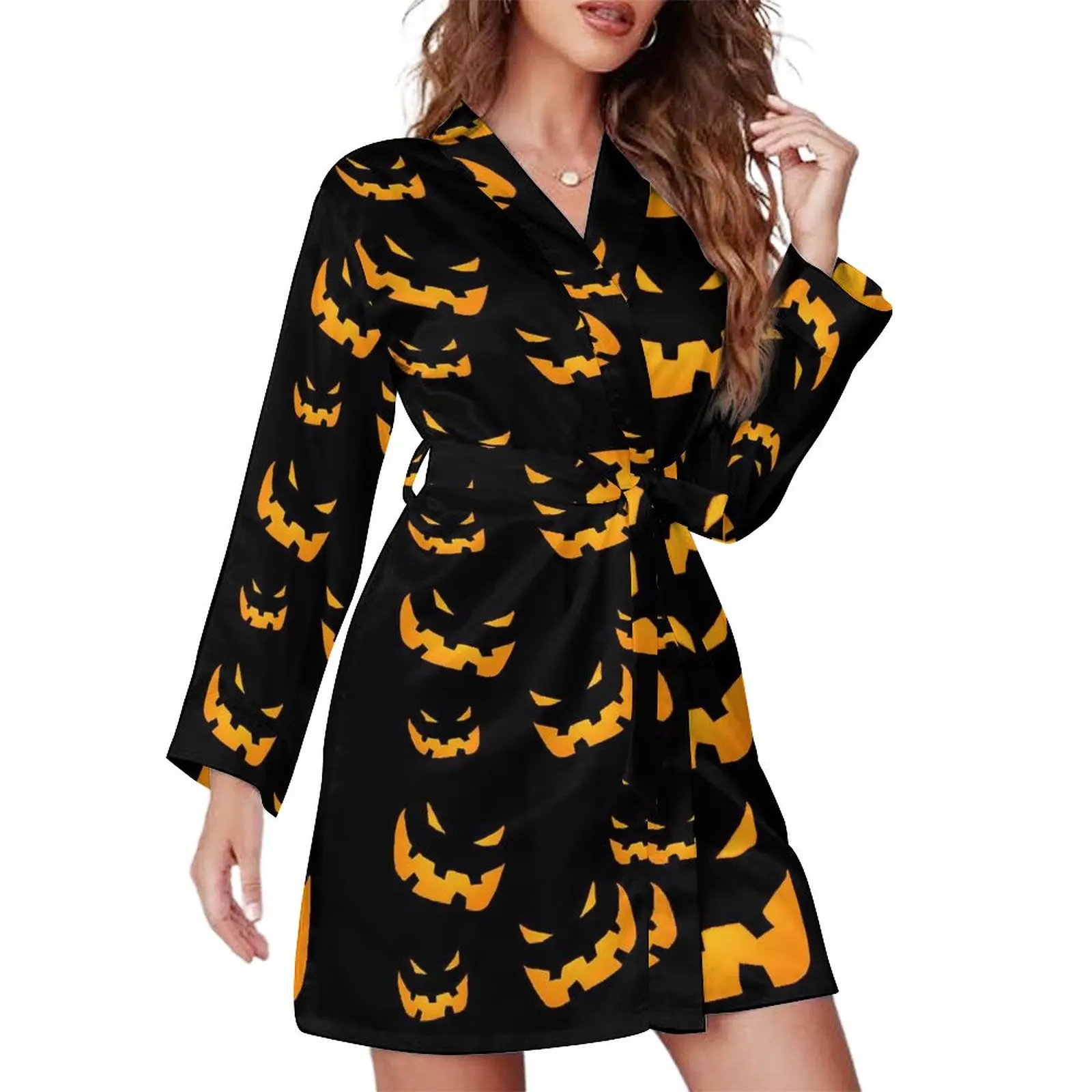 

Пижамный халат с изображением тыквы, Хэллоуин, пижама с длинным рукавом для сна, халаты, женские осенние графические платья с V-образным выре...