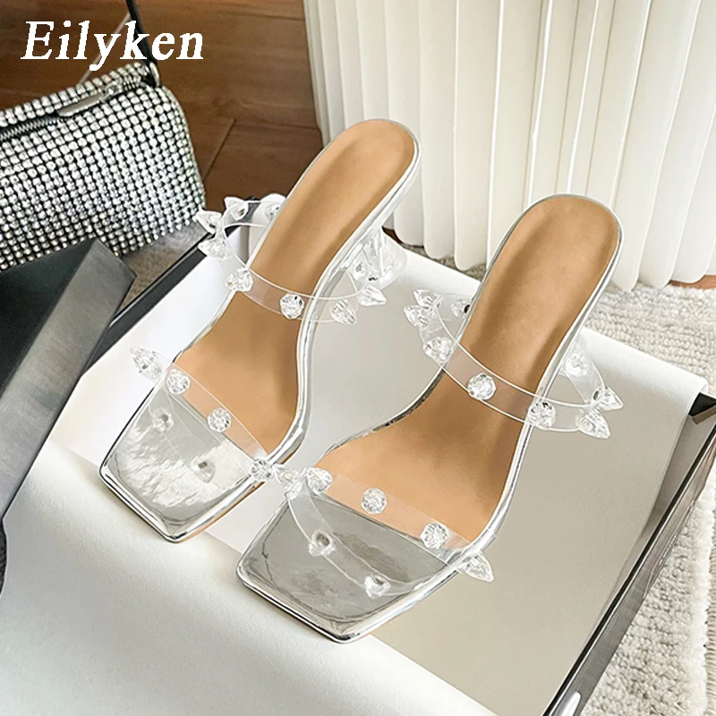 

Eilyke Rivet PVC Transparent slippers Summer Crystal Low Heels Women Slipper Square Toe Sliders Shoes Ladies Sandals