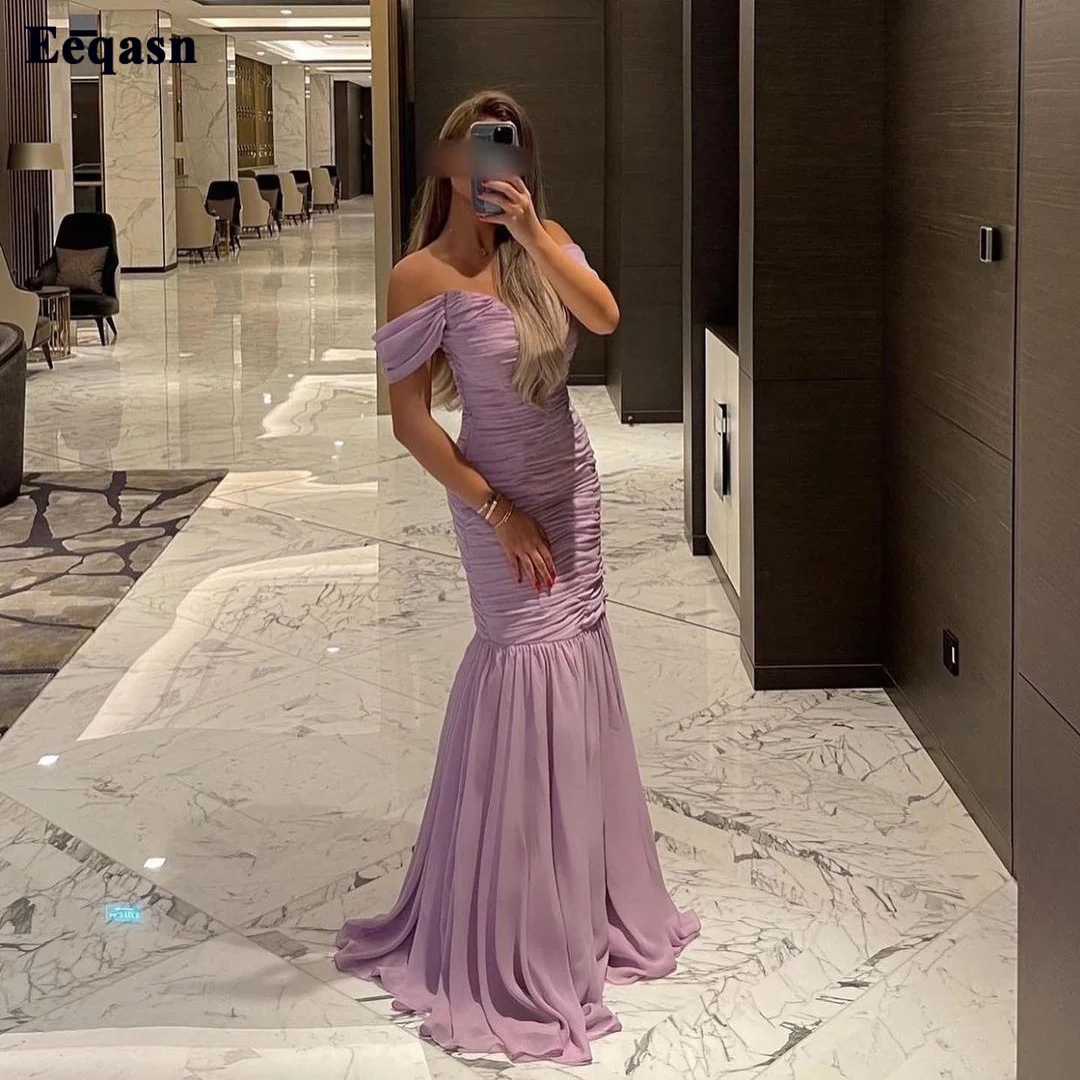 

Eeqasn Lavender Chiffon Evening Dresses Mermaid Off The Shoulder Pleats Prom Dress Women Formal Party Dress For Special Occasion