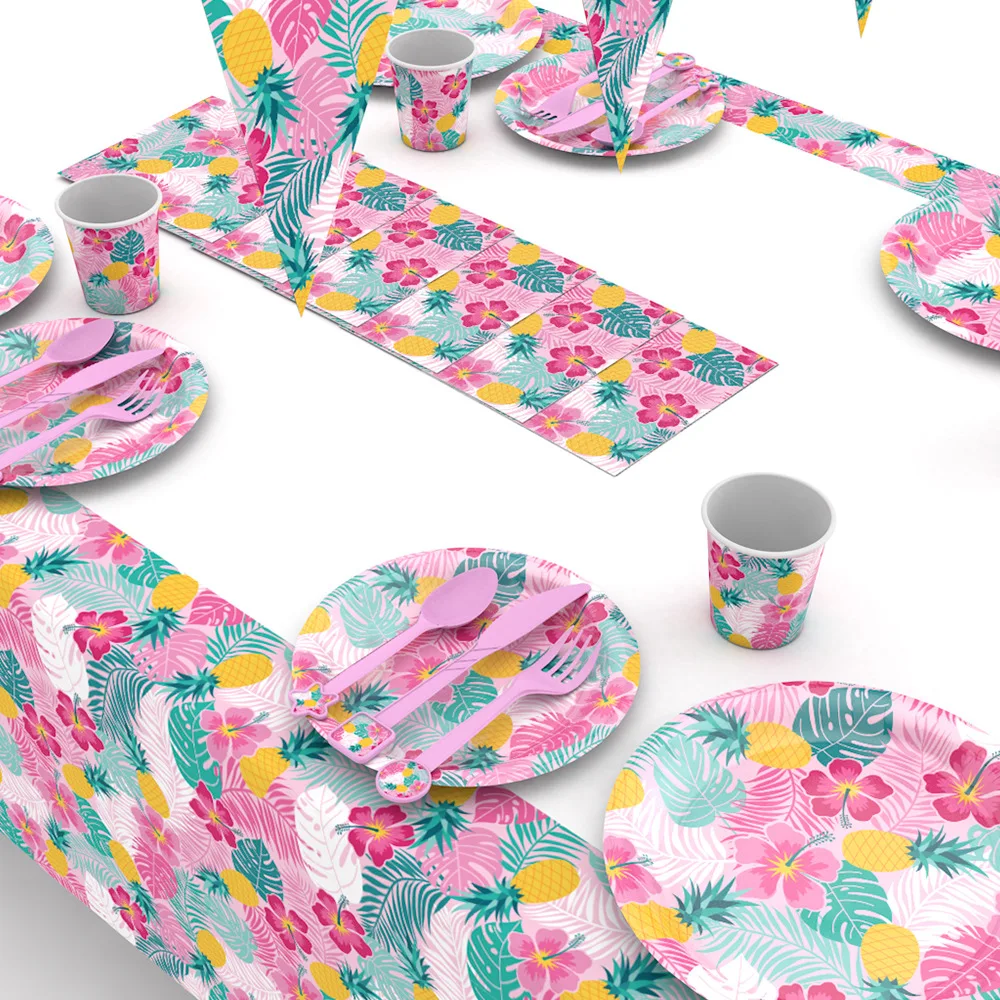 

Hawaiian Colored Leaf Disposable Paper Plate Paper Cup Flag Paper Towel Tablecloth Knife Fork Spoon Girl Birthday Party Decorati