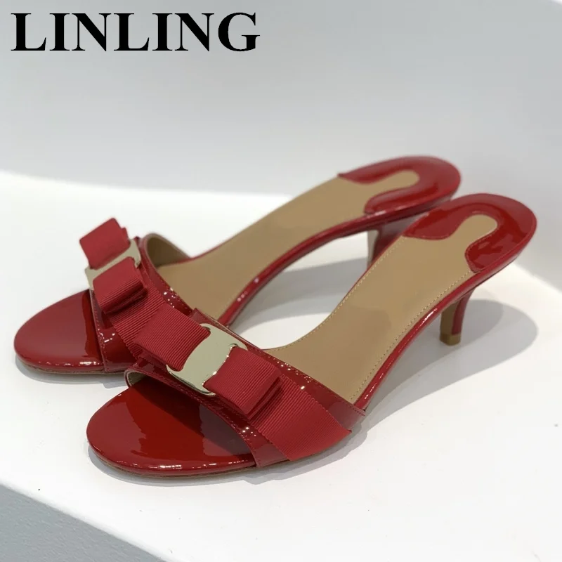 

Summer Butterfly-knot Women Slippers Sandals Shallow Slip On Mules Stripper High Heel Sandals Patent Leather Ladies Shoes 2023