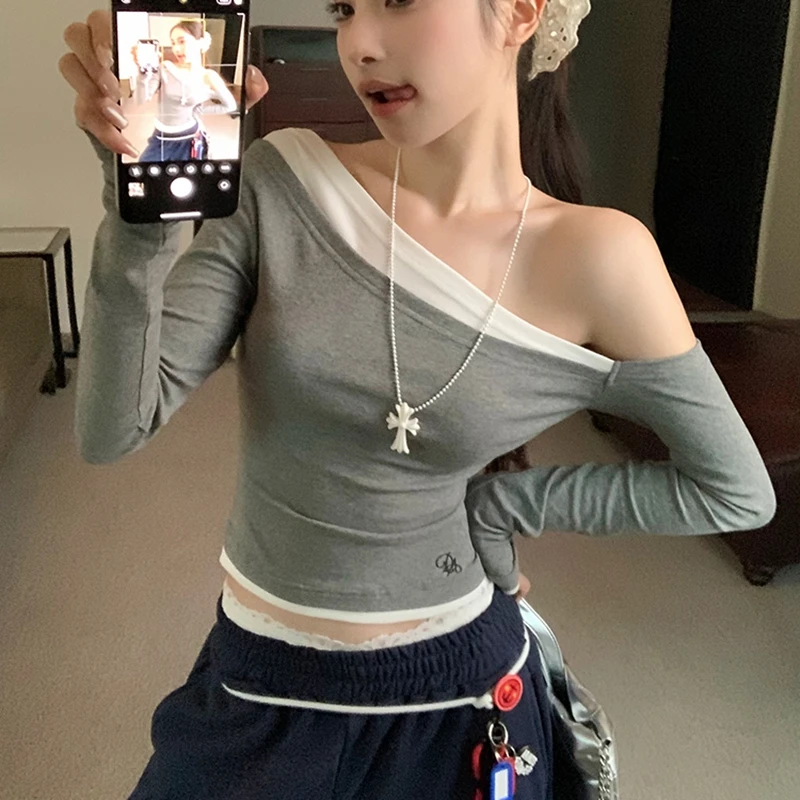 Женская повседневная футболка с длинным рукавом и косым вырезом в стиле пэчворк