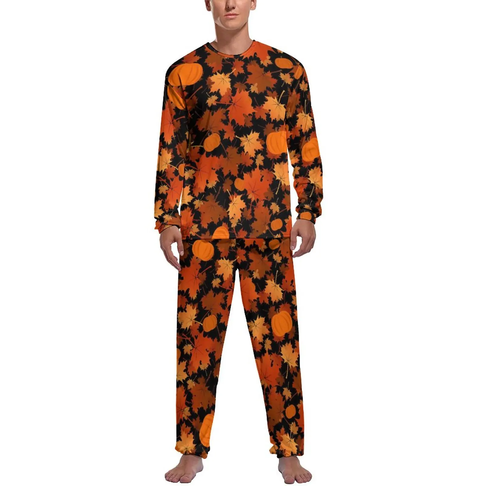 

Pumpkin Print Pajamas Men Maple Leaves Retro Nightwear Spring Long Sleeve 2 Pieces Bedroom Graphic Pajama Sets