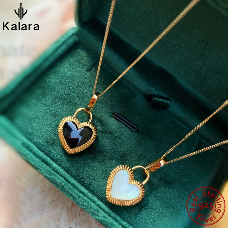 

S925 Sterling Silver Necklace Women White Fritillaria Dainty Chain Two Peach Hearts Jewelry Black Stone Chains Lock Pendant