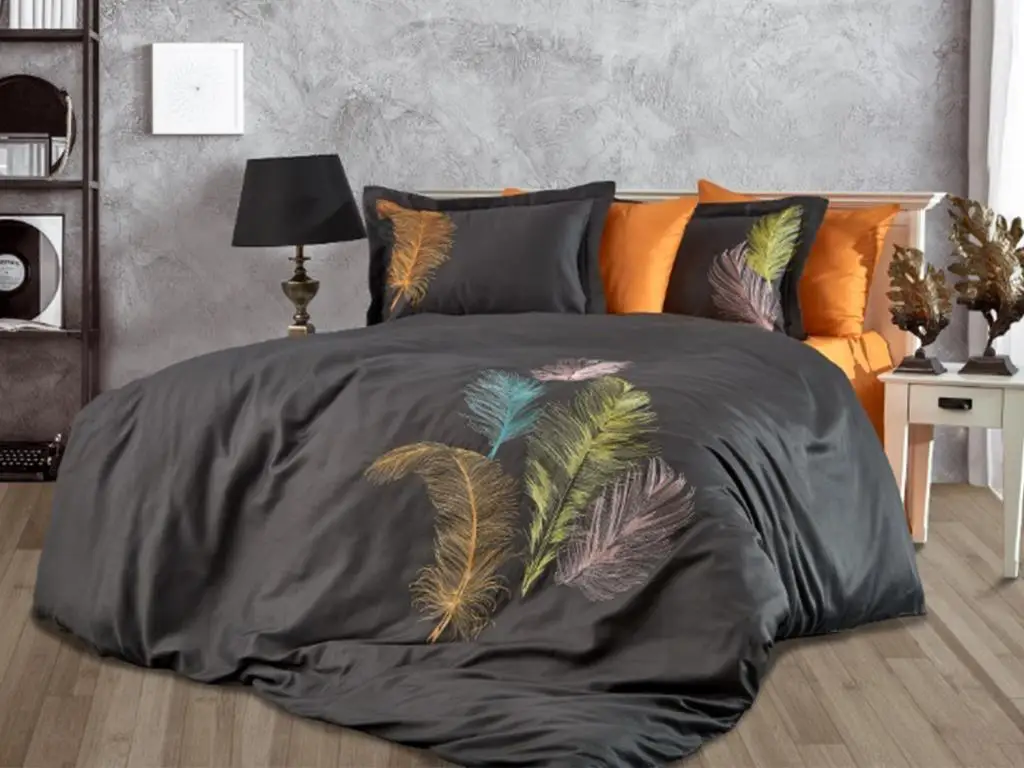 

Trace Embroideried Cotton Satin Double Duvet cover set Anthracite Orange
