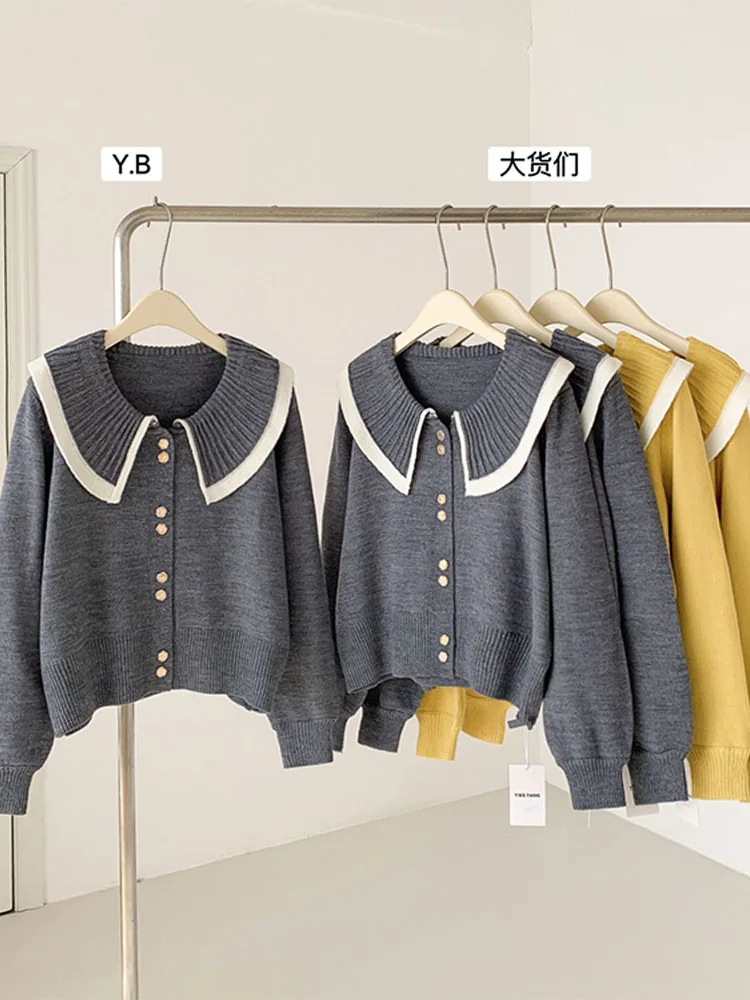 

Korean Style Peter Pan Collar Women Knitted Cardigan 2022 Autumn Winter New Knitwear Loose Female Sweater Retro Single Breasted
