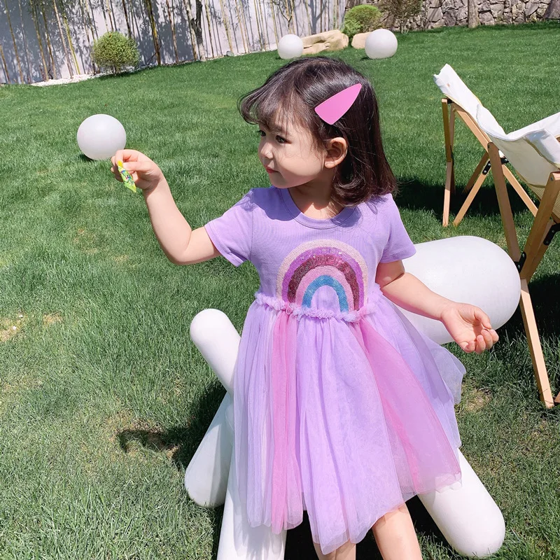 

2022 New Summer Baby Girls Fashion Pink White Purple Princess Dresses Short Sleeve Rainbow Mesh Dress