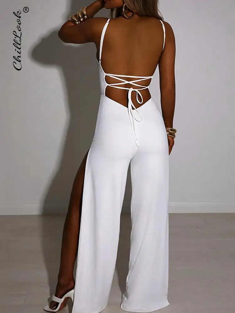 Женский комбинезон на бретелях-спагетти белый Облегающий с открытой спиной и