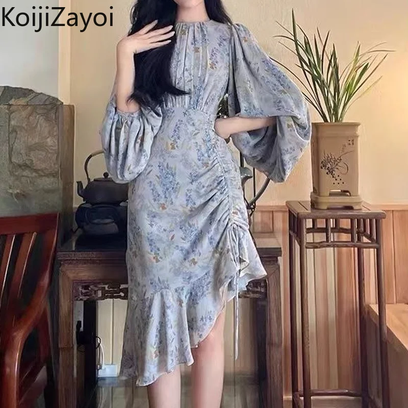 

Женское винтажное платье макси Koijizayoi на шнуровке, шифоновые облегающие платья с длинным рукавом, женские корейские облегающие платья с обо...