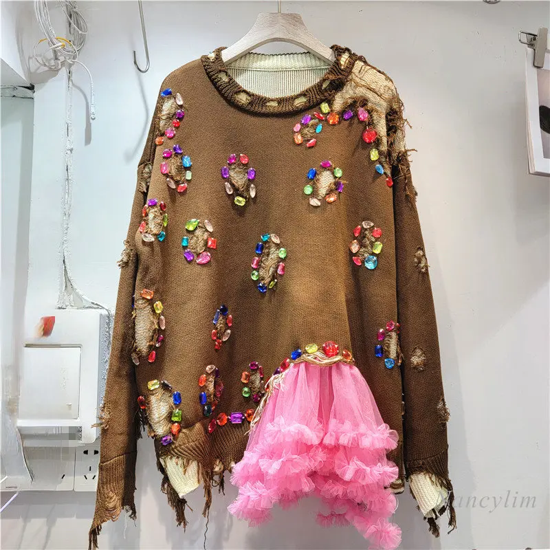 Harajuku Hoodies Women Streetwear 2022 Autumn and Winter Ripped Stitching Diamond-Embedded Frayed Mesh Irregular Crew Neck Pull