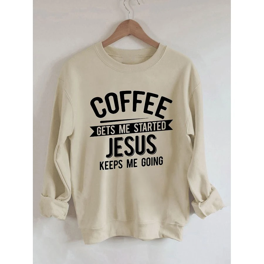 

Rheaclot Coffee Gets Me Started Jesus Keeps Me Going Print Women's Retro Vintage Cotton Long Sleeves Sweatshirt