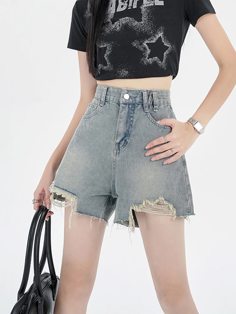Summer Women High Waist Loose Hole Frayed Denim Shorts Streetwear Female Retro Wide Leg Raw Hem Jeans Shorts Bottoms