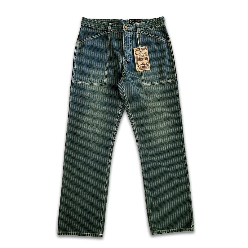 Men's Vintage Indigo Striped Wabash Distressed Wash Jeans Amekaji Denim Motorcycles Overalls Lounge Pants