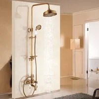 Antique Brass Shower Bath Faucet Sets Wall Mounted EXposed 8" Rainfall Shower Mixers with Sliding Soap Dish / Handshower