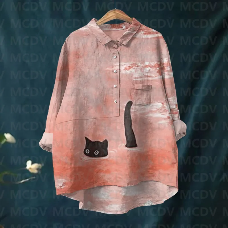 Женская повседневная блузка с лацканами и милым черным котом цветочным принтом