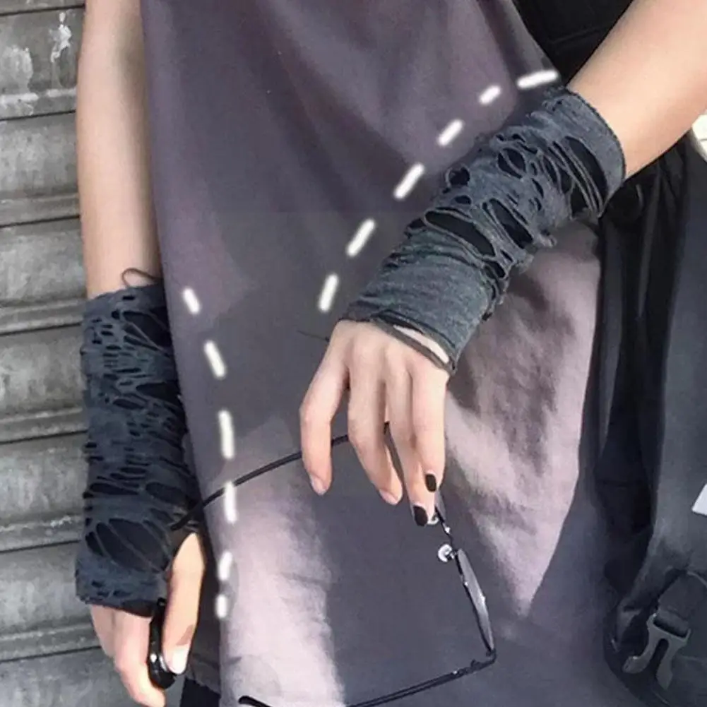 

Женские черные рваные перчатки, темные перчатки в стиле панк для косплея, аксессуары, одежда для Хэллоуина без пальцев, длинные черные перча...