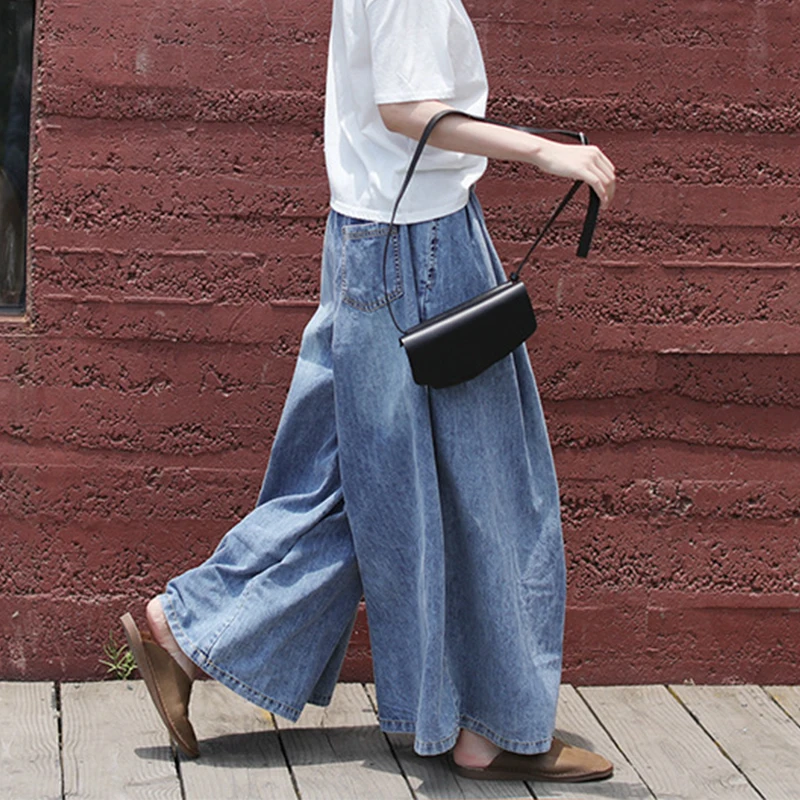 High Waist Jeans Female Spring Autumn Made Old Wash Denim Lace Up Wide Leg Pants Literary Loose Trouser Skirt Large Slim Pants