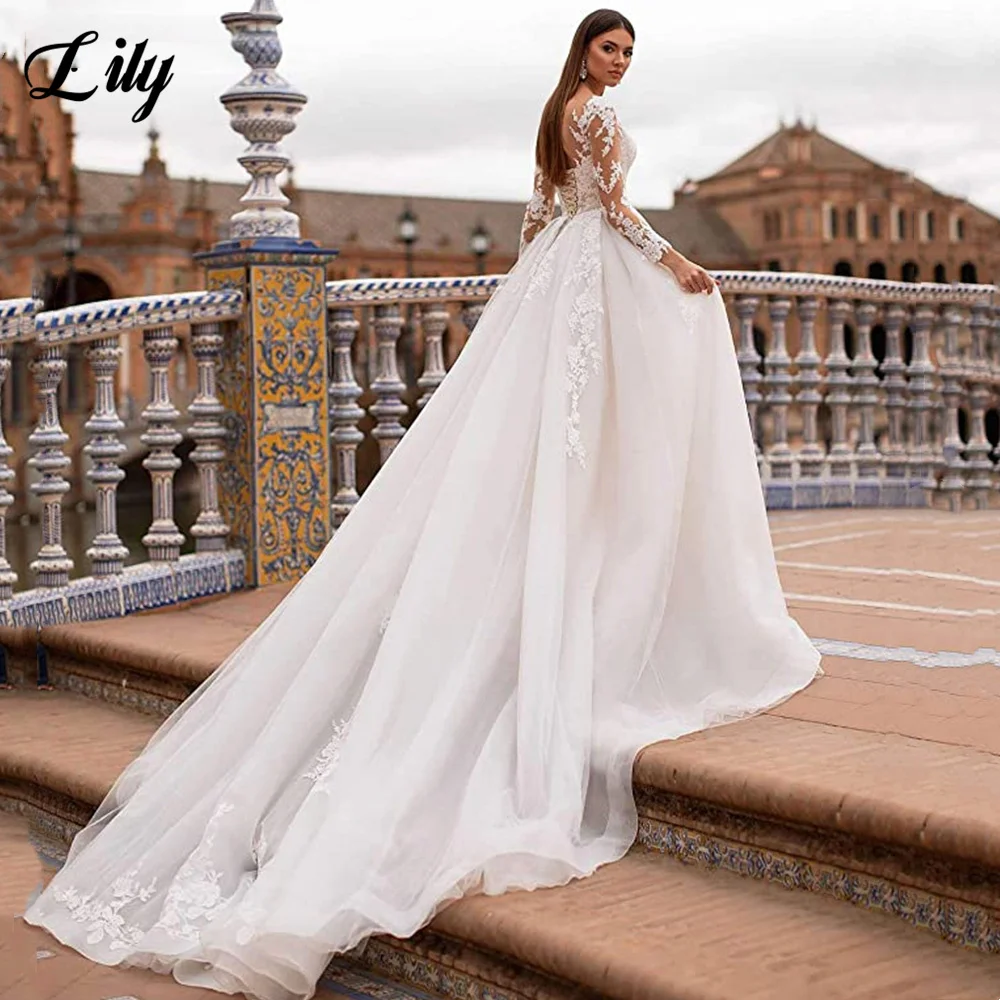 Купи Romantic Long Sleeve Wedding Dress Court Long Train Bride Dresses Sexy Illusion Bridal Gowns Lace Appliques Vestidos De Novia за 6,820 рублей в магазине AliExpress