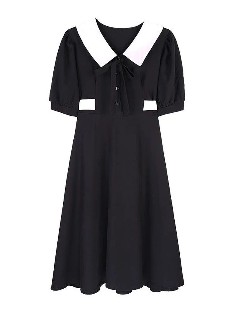 

QWEEK Vintage Black Dress Women Wrap Bandage Kawaii Puff Sleeve Dresses School Student Party Gothic Goth Robes Girl 2022 Summer