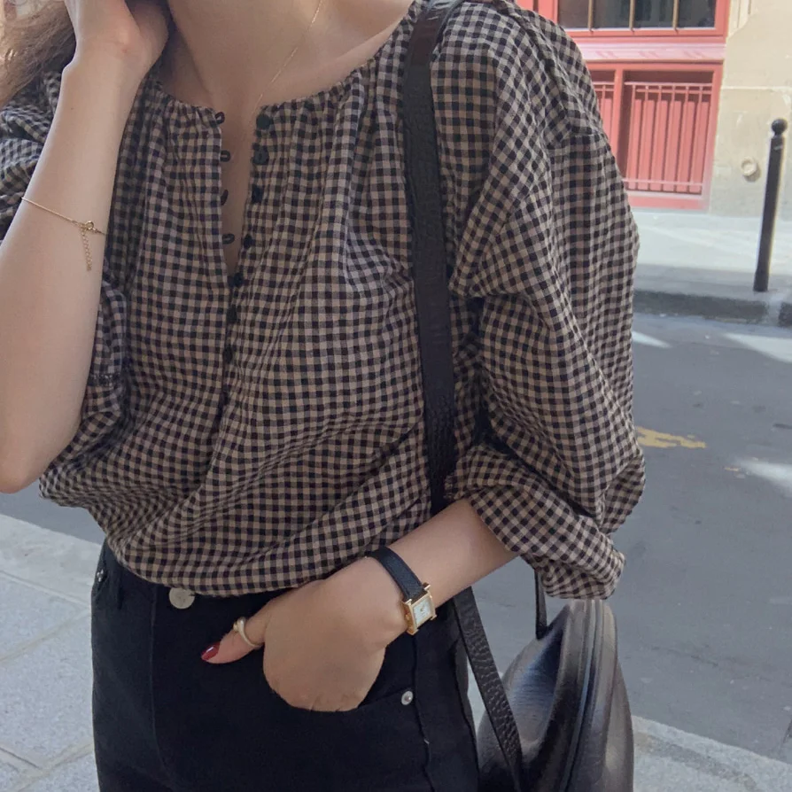 

COIGARSAM 2022 Весенняя клетчатая рубашка женские топы Новые повседневные Прямые женские рубашки с круглым вырезом