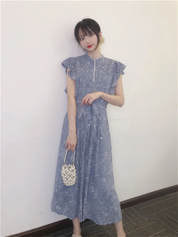 

Japanese One Piece Ladies Dress Women Flora Print Lace Up Ruffle Sleevless High Waist Cool Lady Robe Vestidos A-LINE Clothing