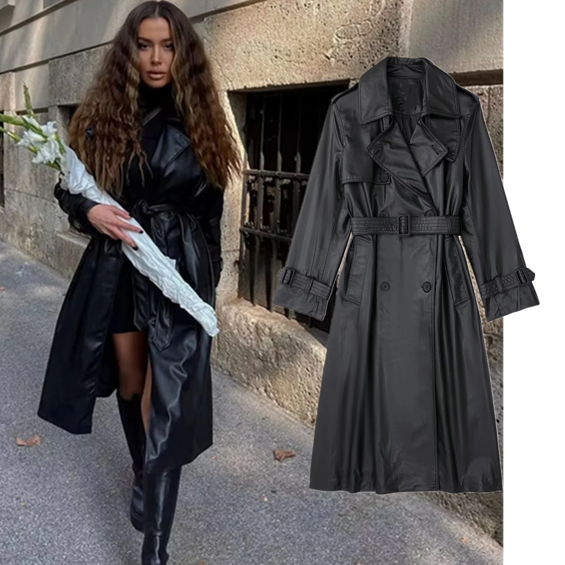 Withered High Street Vintage Trench Coat England Motorcycle Leather Jacket Women