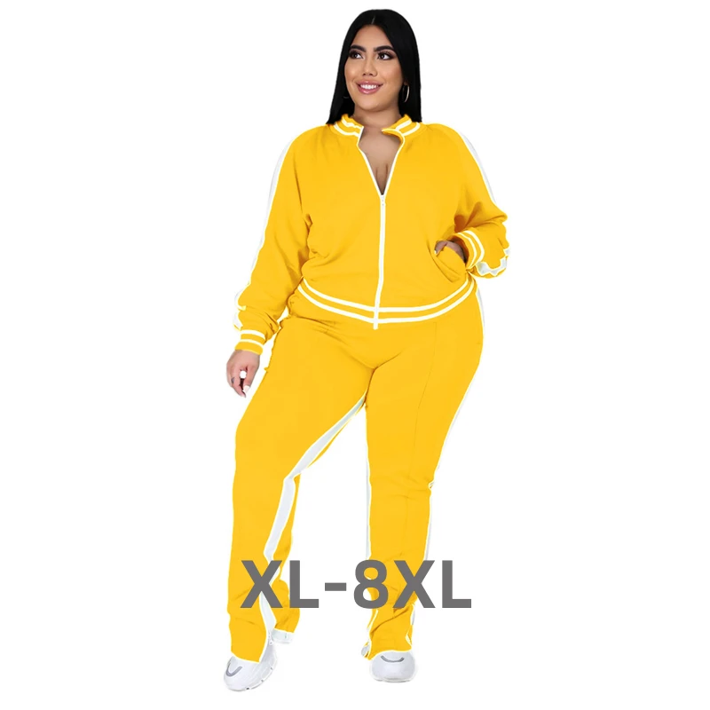 

Plus Size L-5xl Two Piece Set Women Sweatsuit Zip Striped Top Slit Sweatpants Jogger Outfit Matching Set Whol 3xl 4xl 5xl 6xl