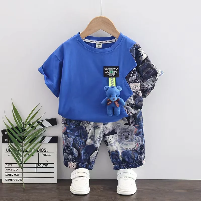 

Luxury Boutique Summer New Short Sleeve Fashion Cartoon Three-dimensional Double Spell T-Shirt Print Shorts Baby Boy 2pcs/set