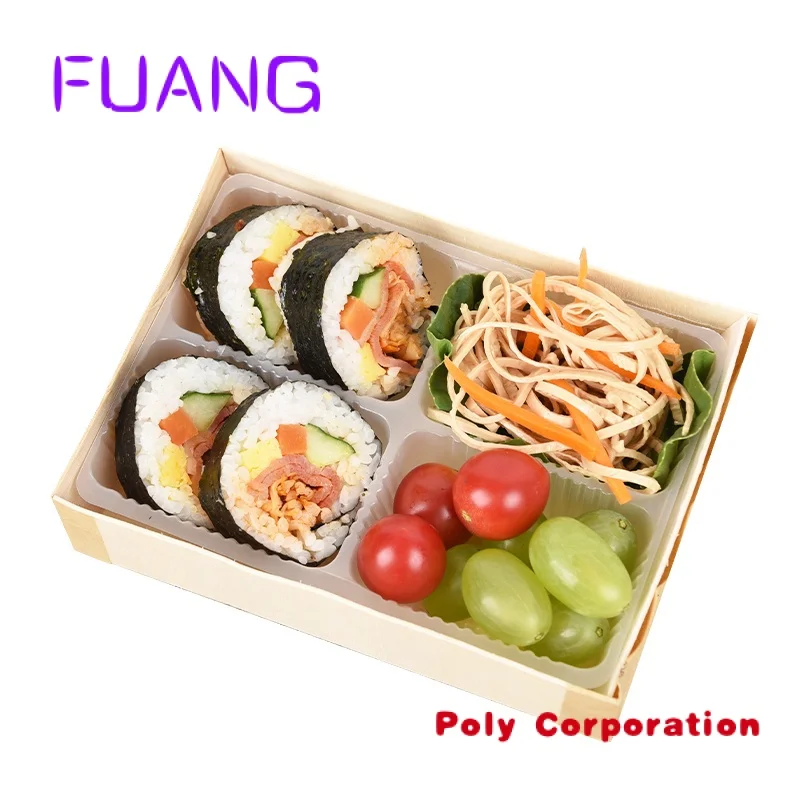 Biodegradable Wholesale Wooden Japanese Takeaway Food Packaging 4 Compartment Disposable Tiffin Bento Lunch Meal Box