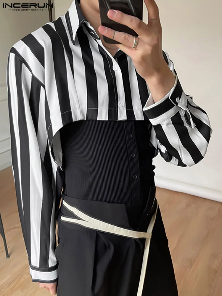 INCERUN Tops 2023 Korean Style New Men's Striped Blouse Casual Streetwear Male Hot Sale Half Cut Short Long Sleeve Shirts S-5XL