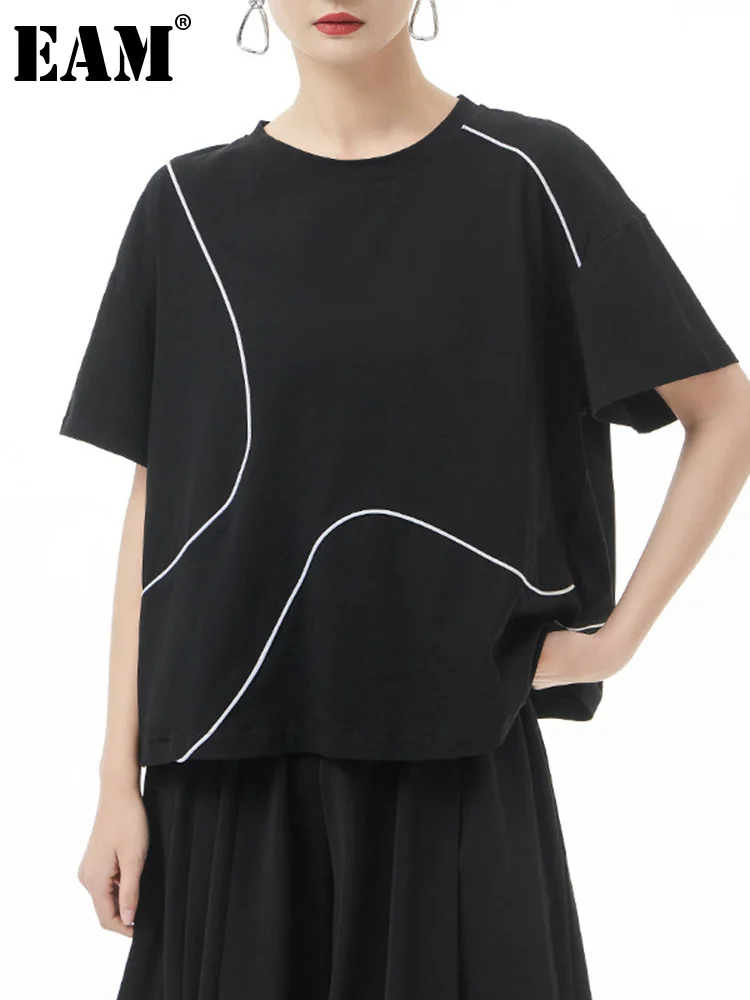 

[EAM] Women Black Topstitched Big Size Casual T-shirt New Round Neck Short Sleeve Fashion Tide Spring Summer 2022 1DE7694